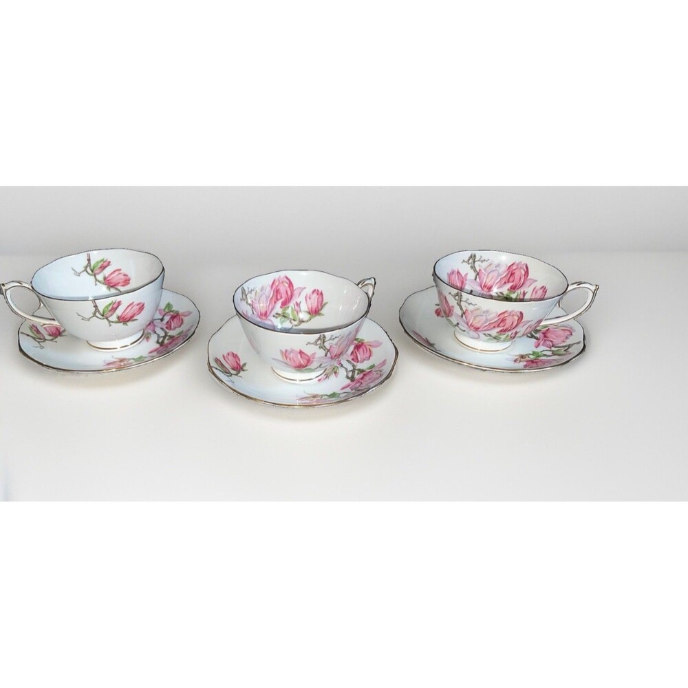 Set of 3 Roslyn China Magnolia Teacup Saucer Sets Pink Floral Gold Trim England